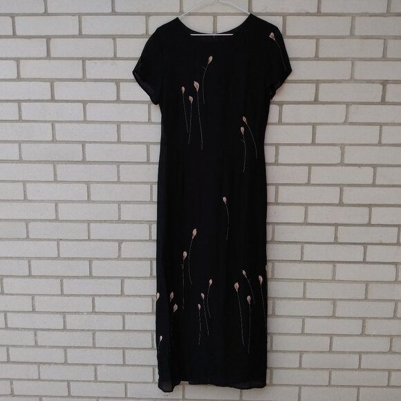 Vintage 90s Black Chiffon Dress with Flowers Size 8 Made in Canada by Braemar - Picture 1 of 13